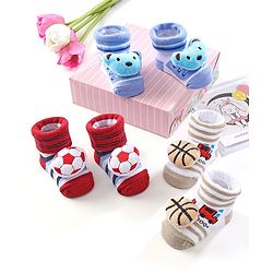 Cute Walk by Babyhug Ankle Length Striped Socks with Bear Applique Pack of 3 - Khaki Red & Blue