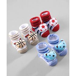 Cute Walk by Babyhug Ankle Length Striped Socks with Bear Applique Pack of 3 - Khaki Red & Blue