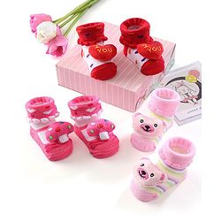 Cute Walk by Babyhug Ankle Length Socks with Bear Applique & Heart Design Pack of 3 - Red & Pink
