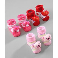 Cute Walk by Babyhug Ankle Length Socks with Bear Applique & Heart Design Pack of 3 - Red & Pink