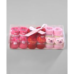 Cute Walk by Babyhug Ankle Length Socks with Bear Applique & Heart Design Pack of 3 - Red & Pink