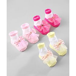 Cute Walk by Babyhug Ankle Length Socks with Bear Applique Pack of 3 - Yellow & Pink