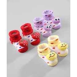Cute Walk by Babyhug Ankle Length Socks Strawberry Applique Pack of 3 - Purple Red & Yellow