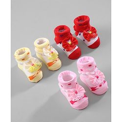 Cute Walk by Babyhug Ankle Length Socks Bow Applique Pack of 3 - Red & Yellow
