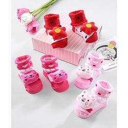 Cute Walk by Babyhug Ankle Length Socks Animal Applique Pack of 3 - Pink & Red