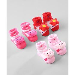 Cute Walk by Babyhug Ankle Length Socks Animal Applique Pack of 3 - Pink & Red