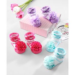 Cute Walk by Babyhug Ankle Length Socks Floral Applique Pack of 3 - Red Purple & Blue