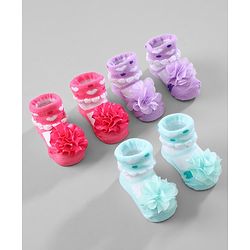 Cute Walk by Babyhug Ankle Length Socks Floral Applique Pack of 3 - Red Purple & Blue