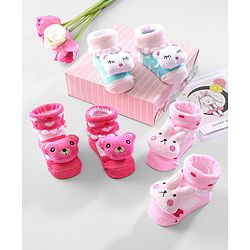 Cute Walk by Babyhug Ankle Length Socks Animal Applique Pack of 3 - Pink