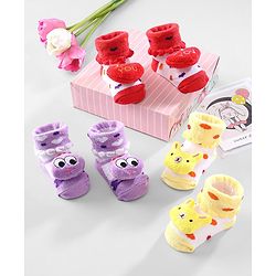 Cute Walk by Babyhug Ankle Length Socks Animal Applique Pack of 3 - Purple Red & Yellow