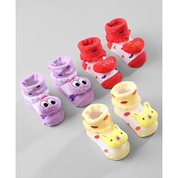 Cute Walk by Babyhug Ankle Length Socks Animal Applique Pack of 3 - Purple Red & Yellow