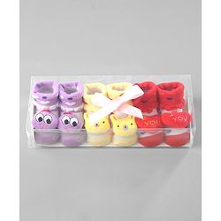 Cute Walk by Babyhug Ankle Length Socks Animal Applique Pack of 3 - Purple Red & Yellow