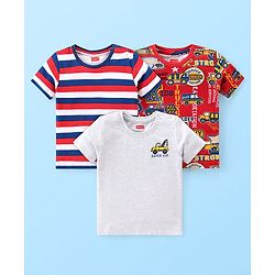 Babyhug Cotton Knit Half Sleeves T-Shirts With Stripes & Vehicle Print Pack of 3 - Multicolour