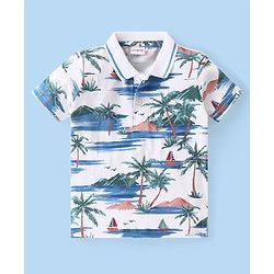 Babyhug Cotton Knit Half Sleeves Polo T-Shirt With Tropical Island Print - White