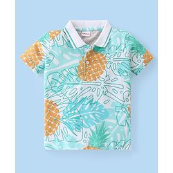 Babyhug Cotton Knit Half Sleeves Polo T-Shirt With Tropical Print - White