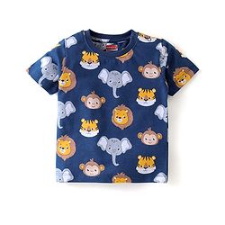 Babyhug Cotton Knit Half Sleeves Night Suit With Animal Print - Blue