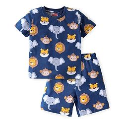 Babyhug Cotton Knit Half Sleeves Night Suit With Animal Print - Blue