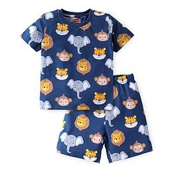 Babyhug Cotton Knit Half Sleeves Night Suit With Animal Print - Blue