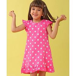 Babyhug Cotton Knit Frill Sleeves Nighty Floral Print - Pink