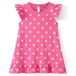 Babyhug Cotton Knit Frill Sleeves Nighty Floral Print - Pink