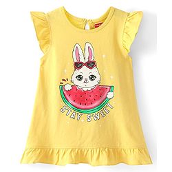 Babyhug Cotton Knit Frill Sleeves Nighty Bunny Print - Yellow