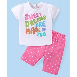 Babyhug Single Jersey Knit Half Sleeves Capri Night Suit With Text Print - White & Pink