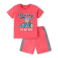 Babyhug Cotton Knit Half Sleeves Night Suit Bear Print - Red