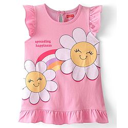 Babyhug Cotton Knit Frill Sleeves Nighty With Floral Print - Pink