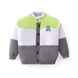Babyhug Knitted Full Sleeves Front Open Sweater with Alphabet Embroidery & Colour Block Design - Lime & Grey