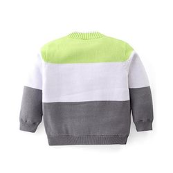 Babyhug Knitted Full Sleeves Front Open Sweater with Alphabet Embroidery & Colour Block Design - Lime & Grey
