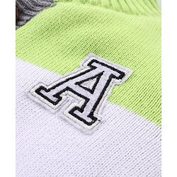 Babyhug Knitted Full Sleeves Front Open Sweater with Alphabet Embroidery & Colour Block Design - Lime & Grey