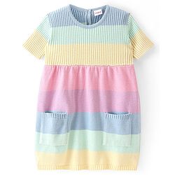 Babyhug Knitted Half Sleeves Striped Woollen Dress with Pocket Detailing - Light Pink & Blue