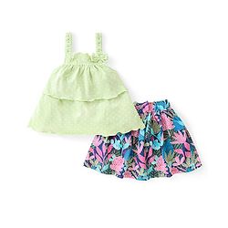 Babyhug Single Jersey Knit  Sleeveless Top & Skirt Set with Leaf Print - Multicolour