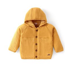 Babyhug Knitted Full Sleeves Front Open Hooded Sweater with Stripe Design - Yellow