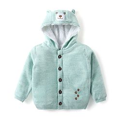 Babyhug Knitted Full Sleeves Front Open Hooded  Sweater with Bear  Design - Mint