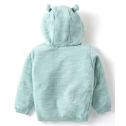Babyhug Knitted Full Sleeves Front Open Hooded  Sweater with Bear  Design - Mint