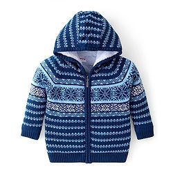 Babyhug Knitted Full Sleeves Front Open Hooded Sweater with Floral Design - Navy Blue