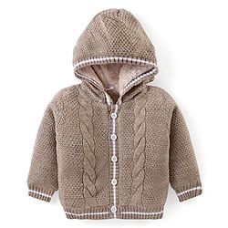 Babyhug Full Sleeves Front Open Cable Knit Hooded Sweater - Beige