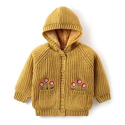 Babyhug Knitted Full Sleeves Front Open Hooded Sweater with Floral  Design & Pockets  - Mustard