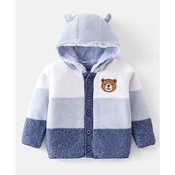 Babyhug Knitted Full Sleeves Front Open Hooded Sweater with Bear  Applique - Blue