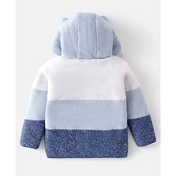 Babyhug Knitted Full Sleeves Front Open Hooded Sweater with Bear  Applique - Blue