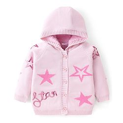 Babyhug Knitted Full Sleeves Front Open Hooded Sweater with Star Design - Pink