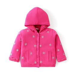 Babyhug Knitted Full Sleeves Front Open Hooded Sweater with Snowflake Design - Fuchisa