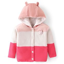 Babyhug Knitted Full Sleeves Front Open Hooded Striped Sweater With Applique - Pink