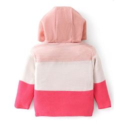 Babyhug Knitted Full Sleeves Front Open Hooded Striped Sweater With Applique - Pink
