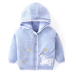 Babyhug Knitted Full Sleeves Front Open Hooded Unicorn Design Sweater - Light Blue