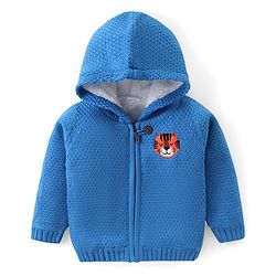 Babyhug Knitted Full Sleeves Front Open Hooded Sweater with Tiger Applique- Blue