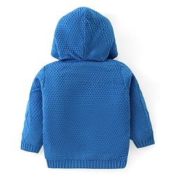 Babyhug Knitted Full Sleeves Front Open Hooded Sweater with Tiger Applique- Blue