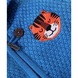 Babyhug Knitted Full Sleeves Front Open Hooded Sweater with Tiger Applique- Blue