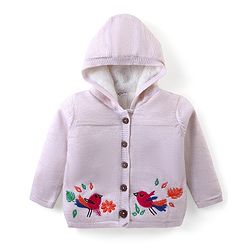Babyhug Knitted Full Sleeves Front Open Hooded Sweater with Sparrow Embroidery  - Cream